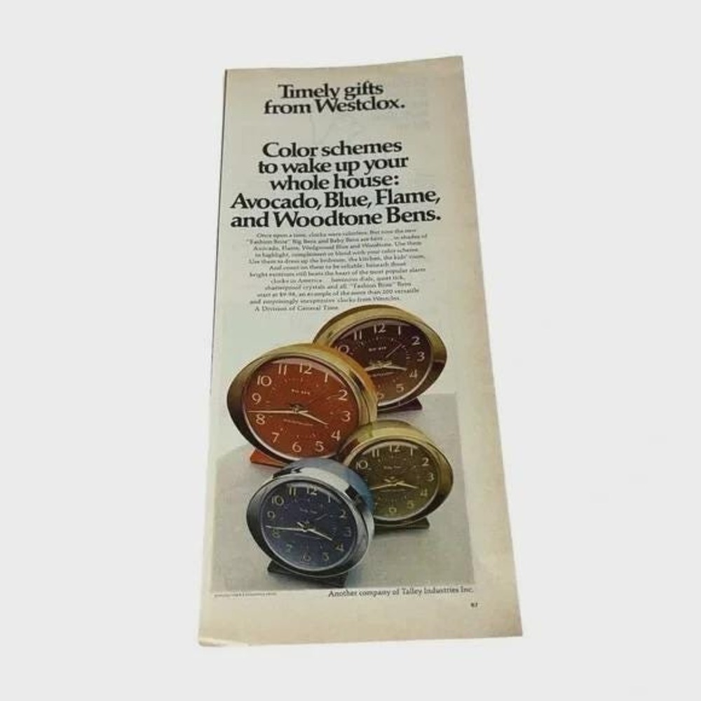 1970 Westclox Big Ben and Baby Ben Colored Face Clocks Original Vintage Print Ad